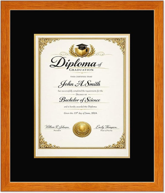 CountryArtHouse Diploma Frame Fits 10 x 13 College Diploma (Portrait Traditional) - Keepsake Graduation Display Honey Oak Genuine Hardwood with Black Over Metallic Gold Double mat