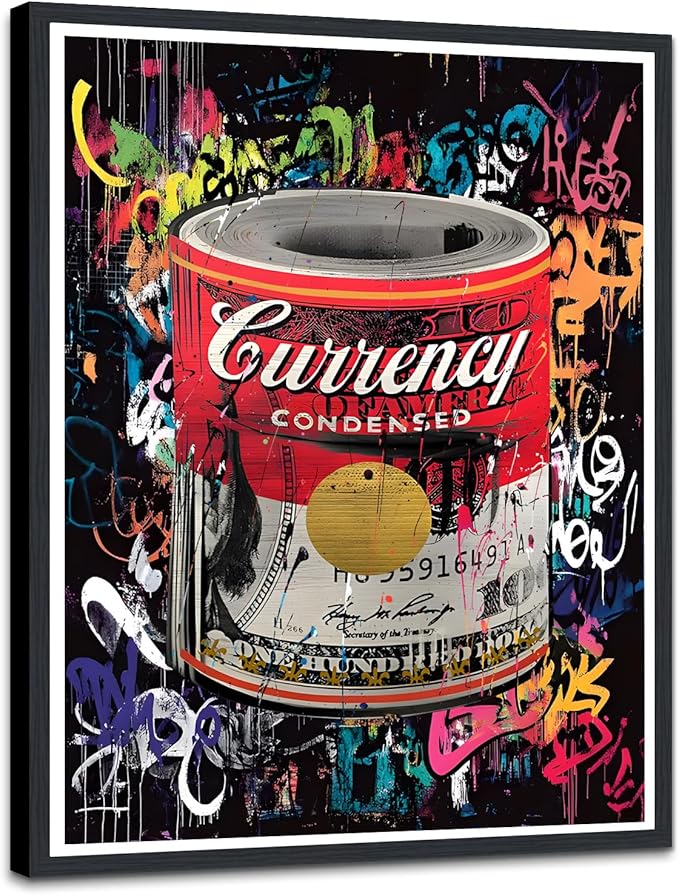 Inspirational Framed Canvas Print Wall Art Hundred Dollar Bills Roll Graffiti Wall Decor Money Poster Motivational Artwork Modern Home Office Decoration Ready to Hang 12.5x16.5 inch