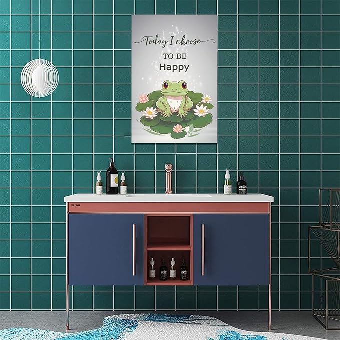 yerretin Frog Wall Art Funny Frog Lotus Pictures Wall Decor Flower Canvas Painting Modern Artwork Home Decorations for Bathroom Living Room Bedroom Office Framed 16"x24"