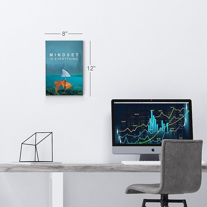 Smile Art Design Mindset is Everything Wall Art Canvas Print Goldfish Shark Entrepreneur Inspirational Motivational Quote Living Room Home Bedroom Office Decor Ready to Hang 40x30