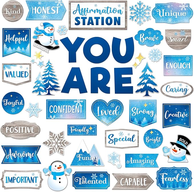 45pcs Winter Affirmation Station Bulletin Board Set Motivational Posters Classroom Mirror Growth Mindset Decor Positive Affirmations Accents Cutouts for School Office Home Teacher Wall Supply