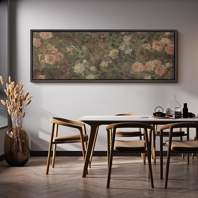 SIGNFORD Large Framed Canvas Vintage White Rose Garden Print Classic Floral Illustrations Modern Art Calm Warm for Living Room, Bedroom, Office - 60"x20"