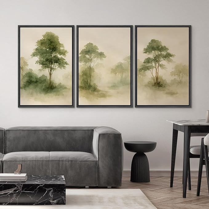 SIGNWIN Framed Canvas Print Wall Art Set Forest Trees Green Nature Landscape Illustrations Modern Art Decorative Nordic Abstract for Living Room, Bedroom, Office - 16"x24"x3 Black
