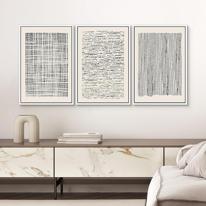 SIGNWIN Framed Canvas Print Wall Art Set Geometric Dark Black Grid Wave Pattern Abstract Shapes Cozy Neutral Modern Art Decorative Contemporary for Living Room, Bedroom, Office - 24"x36"x3 White