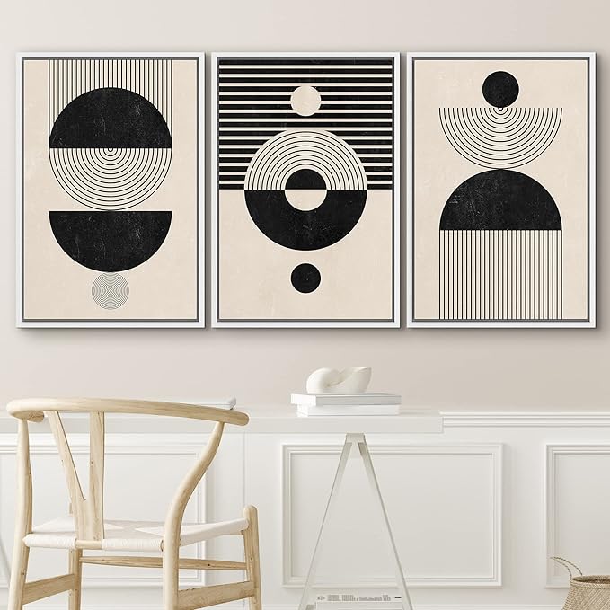 IDEA4WALL Framed Canvas Print Wall Art Set Geometric Black Tan Stripe Circle Stripe Collage Abstract Shapes Illustrations Modern Art Nordic for Living Room, Bedroom, Office - 16"x24"x3 White