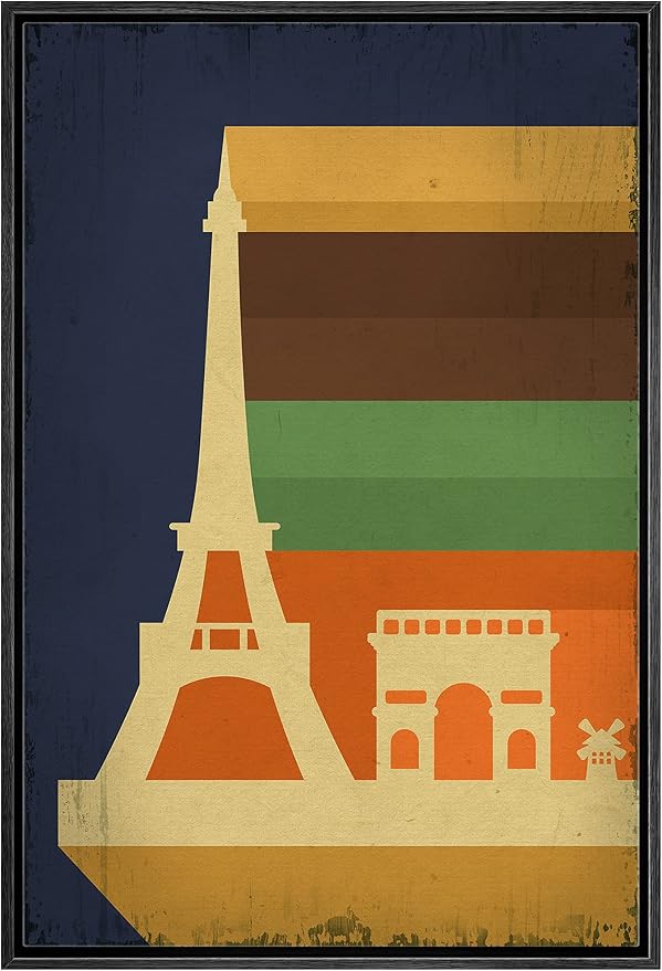 IDEA4WALL Framed Canvas Print Wall Art Retro Vintage French Eiffel Tower Poster Cultural Building Illustrations Modern Art Contemporary Scenic Warm for Living Room, Bedroom, Office - 16"x24" BLACK