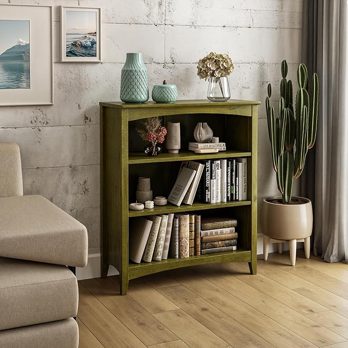 Camaflexi Shaker Style 3 Shelf Bookcase/Solid Wood / 36" High/Adjustable Shelving/Closed Back/Display Bookshelf for Living Room, Bedroom, Home and Office, Olive Grove Green
