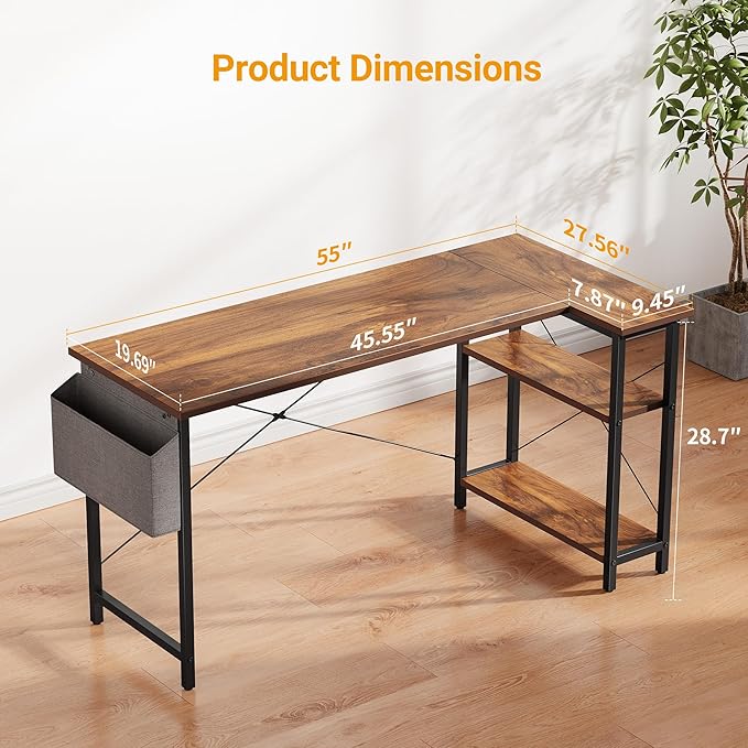 CubiCubi L Shaped Desk, 55 Inch Computer Desk with Reversible Storage Shelves Home Office Corner Desk Study Writing Table, Deep Brown