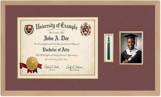 CountryArtHouse Diploma Tassel and Photo Shadowbox Fits 17 x 13 International Diploma with Tassel Hook Natural Wood Genuine Hardwood with Dark Red Over Metallic Gold Double mat