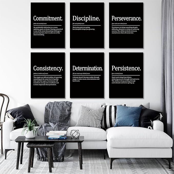 COSCTOR Set of 6 Motivational Wall Art Decor Inspirational Quotes Framed Canvas Black and White Pictures for Workplace Office Garage Gym Classroom Bedroom(Framed,20x30)