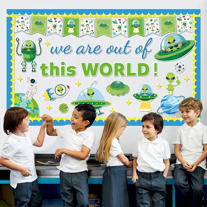 Outer Space Theme Bulletin Board Set Alien Classroom Bulletin Board Decorations Space Astronaut Planet Cutouts Classroom Decorations for Back to School Office Home Chalkboard Decor Wall Door
