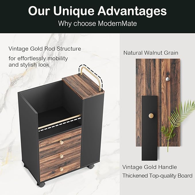 Mobile File Cabinet with 3 Drawers, 20" Wood Lateral Filing Cabinet with Lockable Wheels, Fit Letter/A4 Size or Home Office, Utility Cart with Open Storage Shelf, Black Walnut