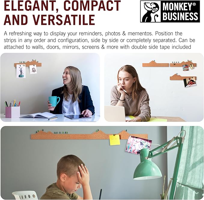 Monkey Business Memo Mountain 3 Cork Board Strips - Corkboard Pin Boards with Mountain Scene Pushpins, Office Accessories, Cute Cork Boards for Walls