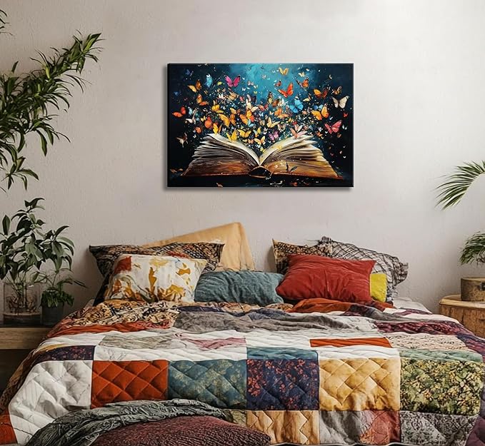 Colorful Butterfly Book Canvas Wall Art Butterfly Emerging From Book Picture Wall Decor Reading Enthusiasts Poster Print for Library Reading Room Bedroom Modern Reading Concept Home Decoration