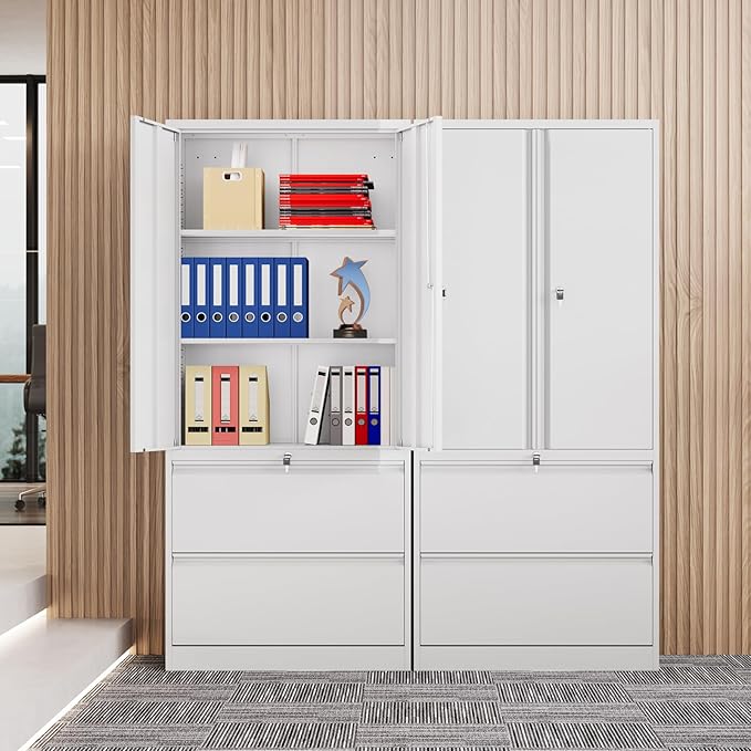 2 Drawer Lateral File Cabinet, Office Storage Cabinet with 2 Wide&Deep Drawers and Locking Doors, White Metal Cabinet with Adjustable Shelves for Home Office, Fits A4/Letter/Legal Size Folders