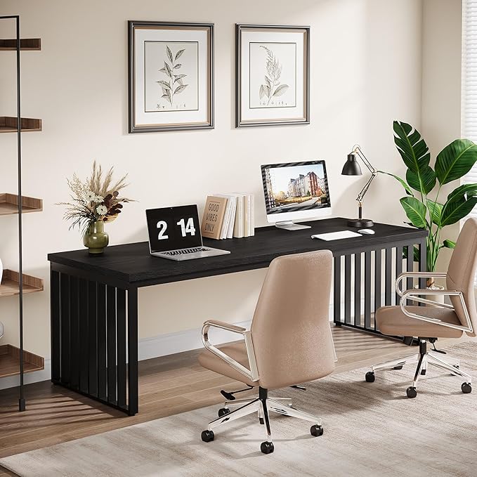 Tribesigns 78" Computer Desk, Extra Long 2-Person Desk with Metal Legs, Double Writing Table with Spacious Space, Industrial Wooden Office Desk, Large Study Desk Workstation for Home Office (Black)