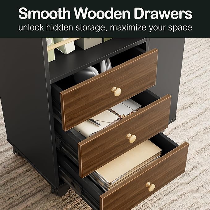 3 Drawer Mobile File Cabinet, Wood Rolling Filing Cabinet with Lockable Wheels, Utility Cart with Open Storage Shelves Home Office Fits A4/Legal, 19.7" x 11.8" x 26.3", Black Walnut