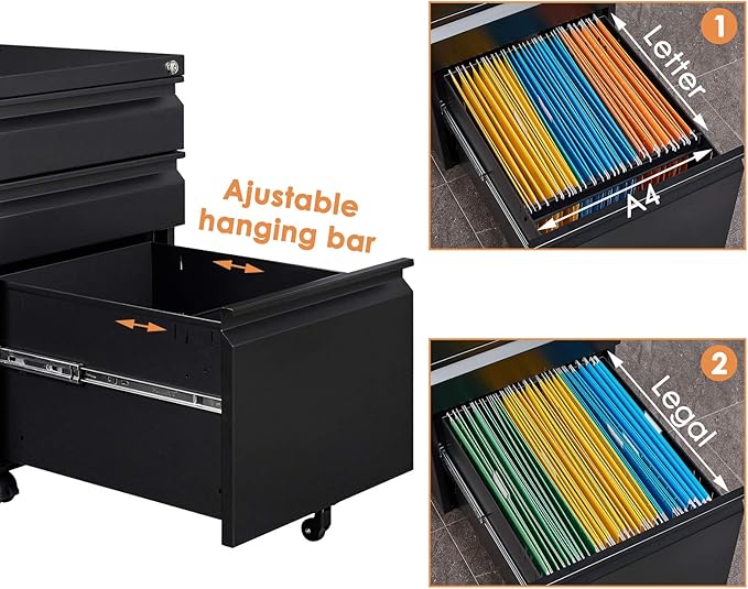 Rolling 3 Drawer File Cabinet with Lock, Black