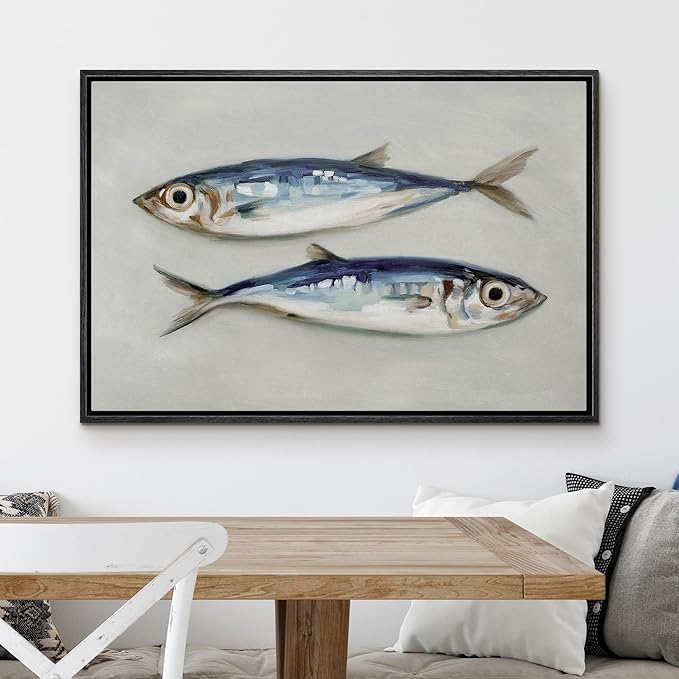 MUDECOR Framed Canvas Print Wall Art Two Fish Illustration Coastal Illustrations Minimalism Decorative Relax Colorful for Living Room, Bedroom, Office - 16"x24" Black