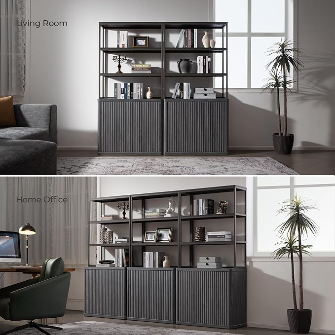 SICOTAS Book Shelf Fluted Bookshelf 71" Tall Bookcase with Doors Storage 5 Tier Mid Century Modern Bookshelves Large Shelves Metal Book Cases for Living Room Office Bedroom Kitchen Library