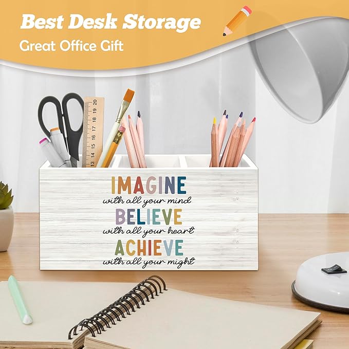 Boho Motivational Pen Holder Organizer for Desk Accessories, Imagine Believe Achieve Positive Wooden Box Sign Desk Decorations for Classroom Office Decor, School Counselor Must Haves