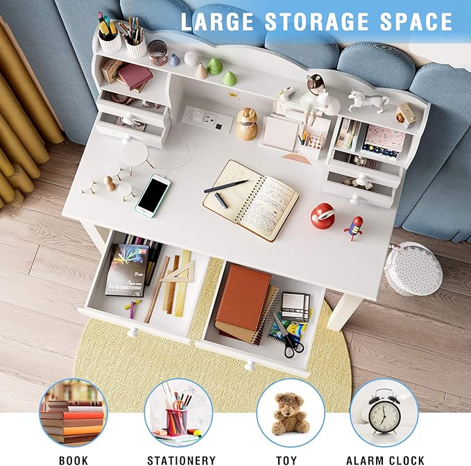 ADORNEVE Small White Writing Desk with Hutch and USB Ports, 31.5 inch Home Office Desk with Drawers, Study Table for Kids/Student, Makeup Dressing Table Save Space Gifts