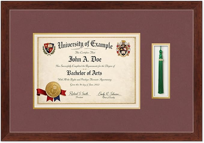CountryArtHouse Diploma and Tassel Frame Fits 11.69 x 8.27 A4 Certificate with Tassel Ho Rustic Walnut Genuine Hardwood Shadowbox with Dark Red Over Metallic Gold Double mat