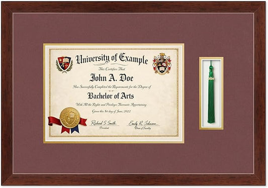 CountryArtHouse Diploma and Tassel Frame Fits 11.69 x 8.27 A4 Certificate with Tassel Ho Rustic Walnut Genuine Hardwood Shadowbox with Dark Red Over Metallic Gold Double mat