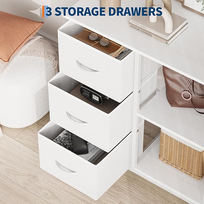 Garvee 3 Drawer File Cabinet, Printer Stand with 2 Open Storage Shelves, Fabric Filing Cabinet Under Desk Office Organizer for Home Office, Modern Storage Solution, White
