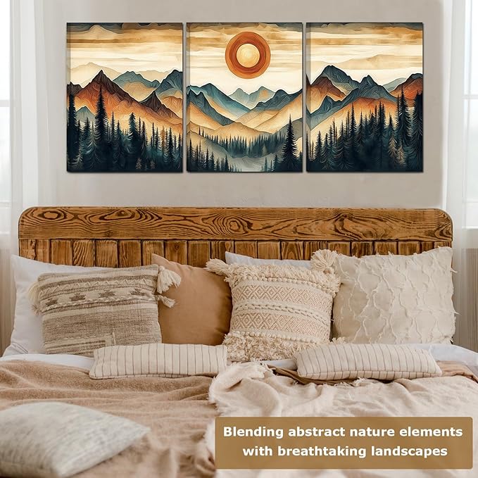 Framed Mountain Canvas Wall Art, Tree Ring Landscape Wall Decor, Forest Scenery Wall Art for Bedroom Bathroom Kitchen Living Room Home (Framed, 12x16in, Set of 3)