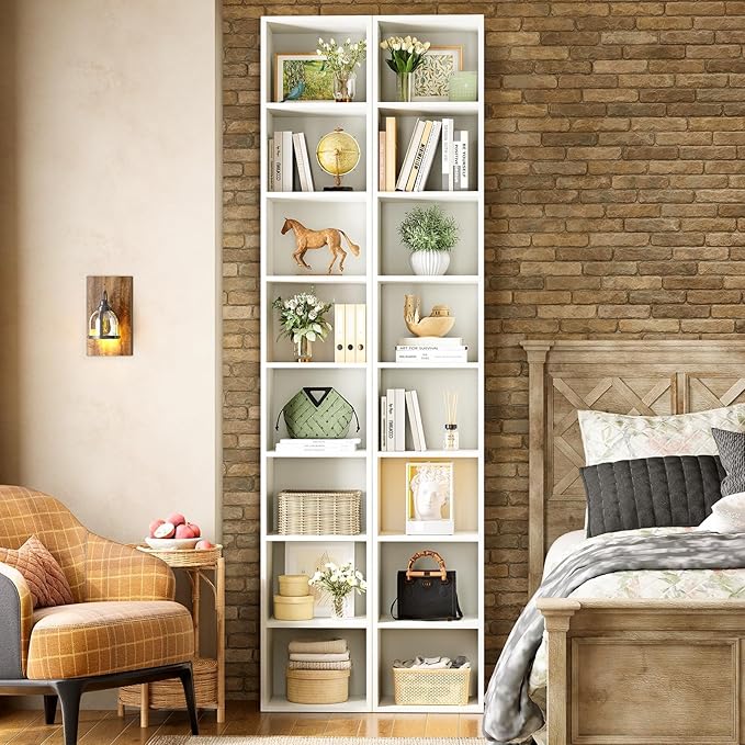 Narrow Bookshelf & Bookcase Set of 2, 8-Tier Floor Standing Open Book Shelf, Modern Corner Bookshelf with Storage Space, 71.5" Tall Bookshelves for Bedroom, Living Room and Office, White