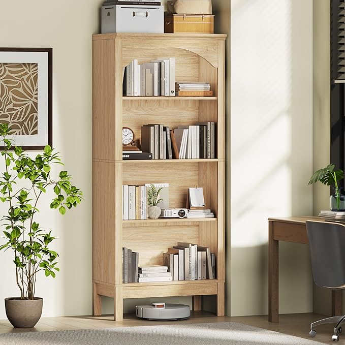 56" H Tall Bookshelf and Bookcase, Arched Book Shelf with 4-Tier Open Shelves, Wooden Storage Bookcase Freestanding Display Bookshelves for Bedroom, Living Room, Natural Oak