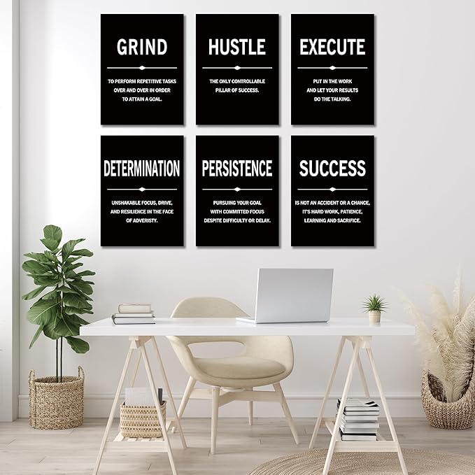 COSCTOR Set of 6 Grind Hustle Execute Determination Persistence Success Motivational Wall Art Picture Decor Canvas Framed for Office Garage Workplace Inspirational Home Posters Paintings Ready to Hang(Framed,24x36)