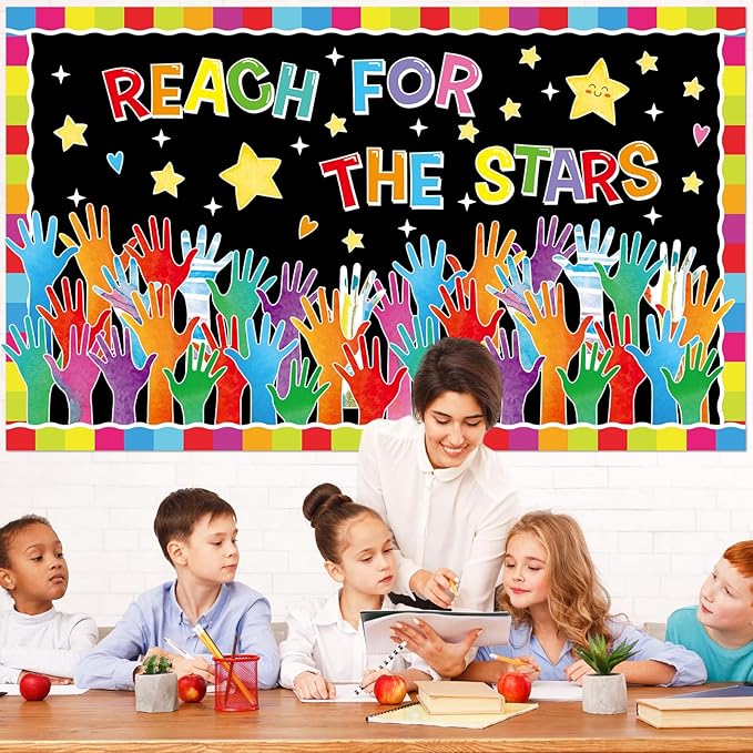 Reach for The Stars Bulletin Board Decorations Set Welcome Back to School Colorful Handprint Paper Cutouts Motivational Classroom Bulletin Board Decor for Preschool Supplies Door Chalkboard Wall