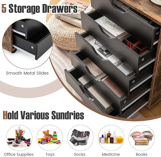 5 Drawer File Cabinet, 26.5" Vertical Filling Cabinet for Home Office, Under Desk Office Drawer Organizer, Universal & Lockable Casters, Rolling Printer Storage Rack