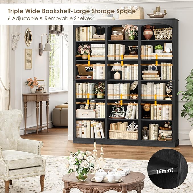 FACBOTALL 71" Triple Wide Bookshelf, 6 Tier Tall Bookshelf, Large Arched Bookcase with Curved Baffle, 63.4" Wide Book Shelf with 18 Open Display Shelves for Living Room, Study, Dark Grey