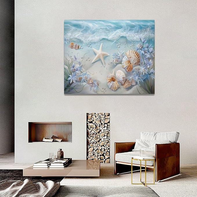 Beach Seashell Bathroom Wall Art Coastal Floral Pictures Wall Decor Flower Starfish Canvas Painting Modern Decoration Artwork for Bathroom Living Room Bedroom Office Framed 20"x16"