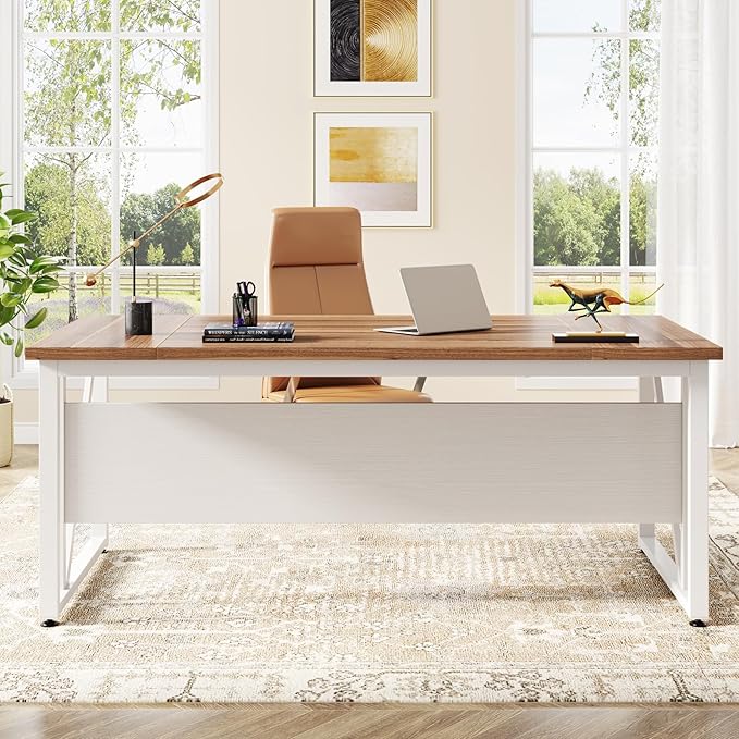 Tribesigns 63 inches Computer Desk with Bottom Storage Shelf Home Office Desk Writing Table for Workstation,Dark Walnut + Steel Leg， Cabinet not Included (Beige, 63-inch)