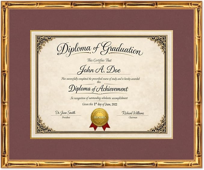 Diploma Frame Gold Bamboo with Dark Red Over Gold Double Mat - Fits 17 x 13 International Diploma Wall Display Made in the USA
