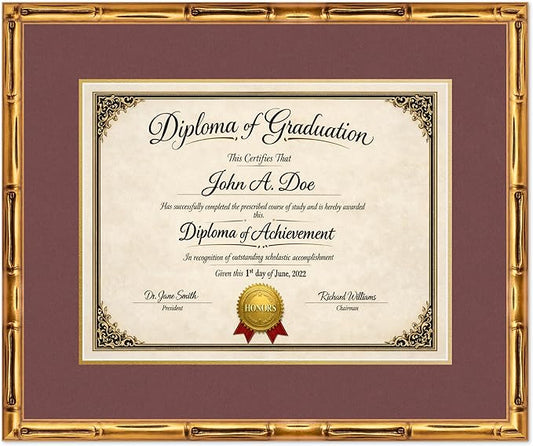 Diploma Frame Gold Bamboo with Dark Red Over Gold Double Mat - Fits 17 x 13 International Diploma Wall Display Made in the USA