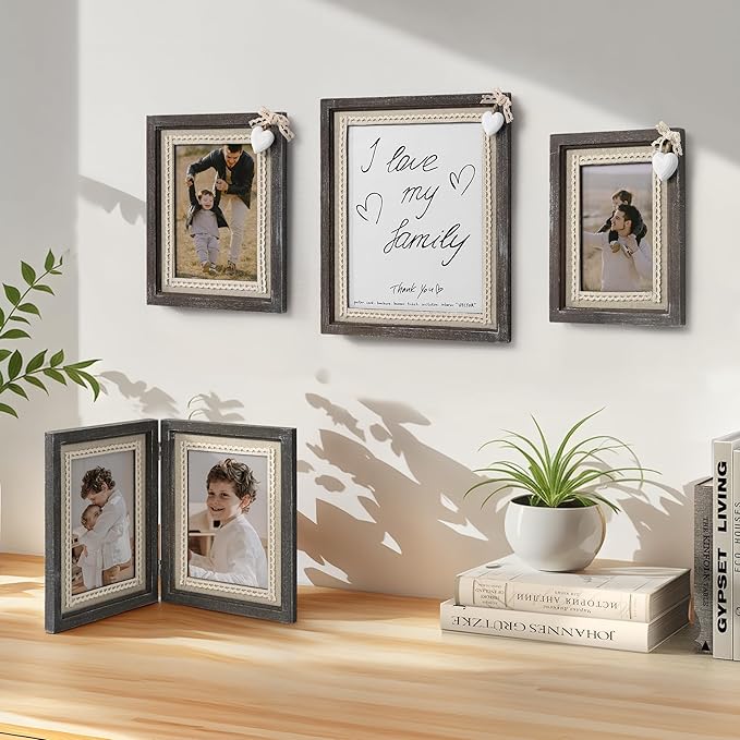 Afuly 5x7 Picture Frame with White Heart Wood Rustic Distressed Frames Farmhouse Photo Frames for Home Decor Wall Hang Desktop Wedding Anniversary Birthday Gifts for Grandma Mom Couple