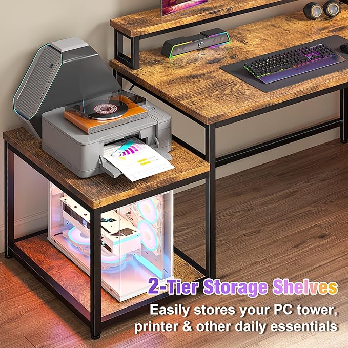 EnHomee 63" L Shaped Gaming Desk with LED Lights & Power Outlets,Reversible Corner Gaming Table with Storage Shelf & Hooks,Computer Desk with Monitor Stand & Print Stand for Home Office,Rustic Brown