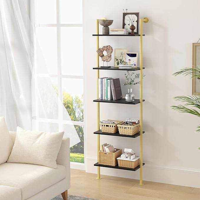5-Tier Bookshelf Solid Wood Ladder Shelf, Narrow Book Shelf Display Shelf, Wooden Bookcase, Wall Mount Ladder Shelf, Storage Rack for Living Room, Bedroom, Industrial Style, Black&Gold