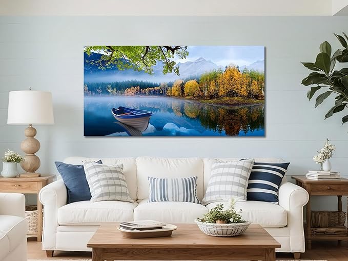 Arjun Landscape Wall Art for Living Room Lake Canvas Blue Picture Bedroom, Nature Boat Artwork Modern Nature Painting Framed Large Home Office Dining Room Wall Decor 40"x20"