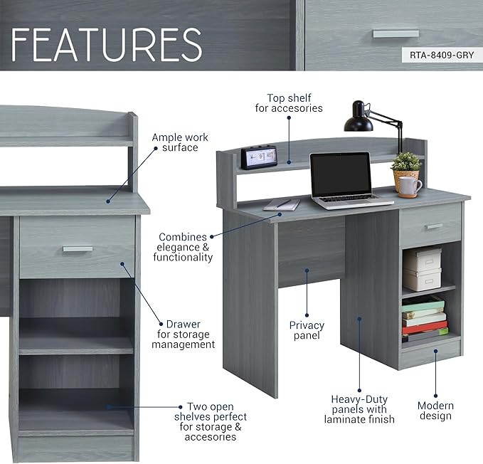 Techni Mobili Modern Office Hutch Writing Desk, Grey