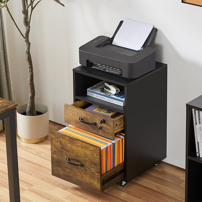 Topeakmart Rolling Vertical Filing Cabinet with 2 Drawer and 1 Open Compartments, File Storage Cabinet with Lock, Printer Stand for Home and Office Black/Rustic Brown