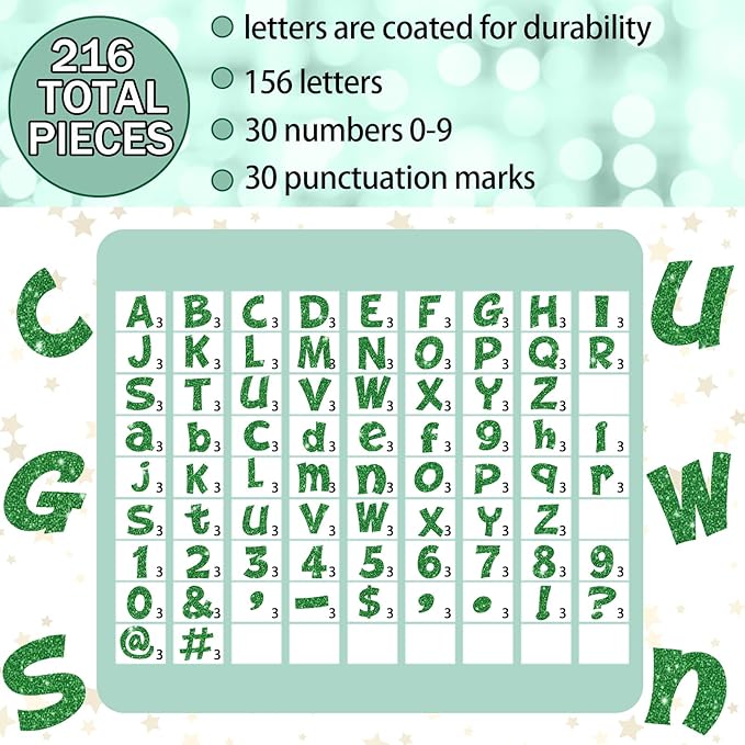 Colarr 216 Pcs Glitter Bulletin Board Letters for Classroom Number Alphabet Punctuation Symbol Cutout 4'' Die-Cut Poster Letter with Adhesive Dot School Party Holiday Decor Display(Green)