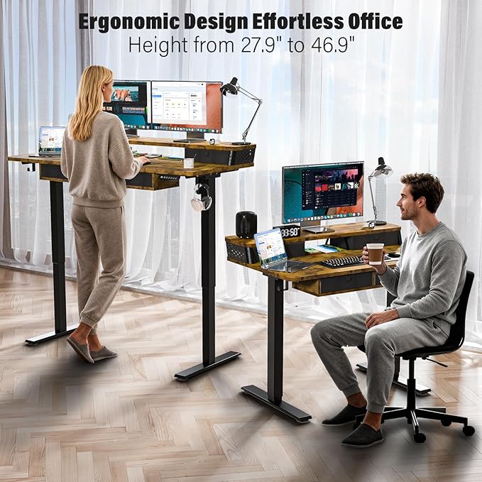 Kingant 40 x 24 Inch Small Electric Standing Desk with 4 Drawers, Height Adjustable Sit to Stand Computer Desk with Storage Shelf and C-Clamp Mount Compatibility for Home Office, Rustic Brown