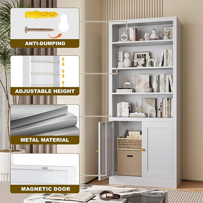 55" Metal Shelving Unit, Freestanding Storage Rack with Cabinet Doors,Heavy Duty Steel Shelving for Pantry, Kitchen, Closet, Garage,Home Office (White)