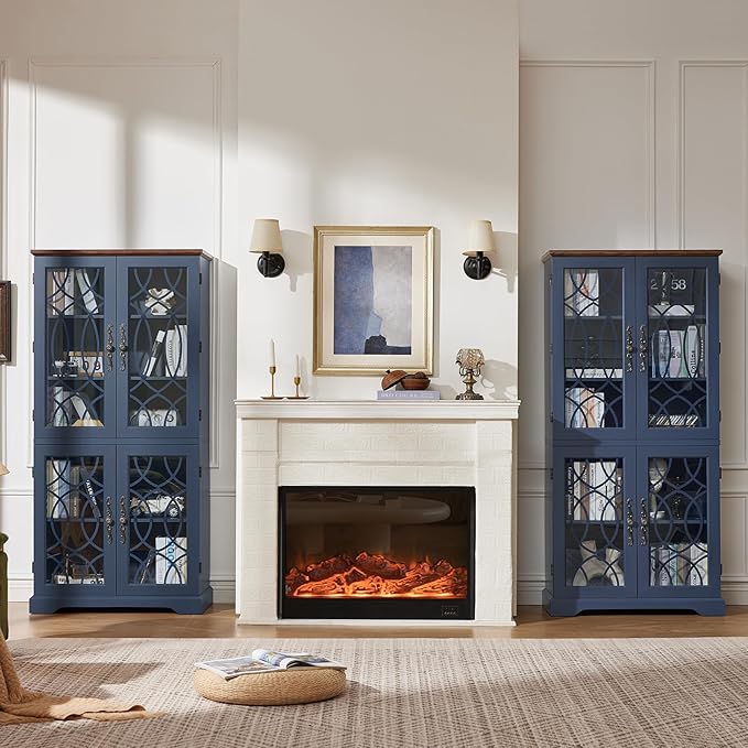67" Tall Bookshelf, Vintage Book Shelf with Glass Doors, 5-Tier Wood Bookcase w/Adjustable Storage Shelves, Freestanding Rustic Curio Display Cabinet for Living Room,Office,Navy Blue, 2PCS
